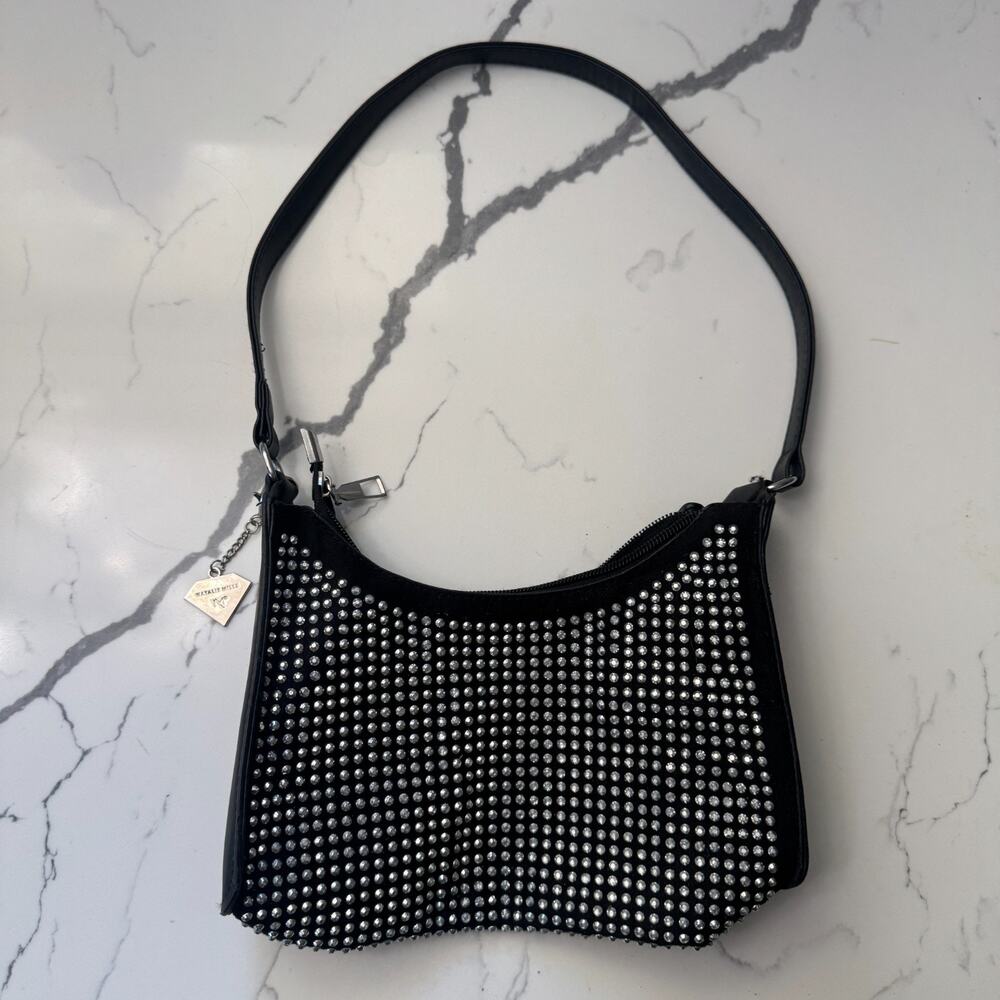 Natalie Mills Black Rhinestone Shoulder Bag Purse Silver Studded Hobo